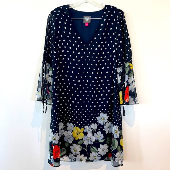 Vince Camuto Navy dress with polka dots and floral accents. Size 4 - Picture 1 of 7